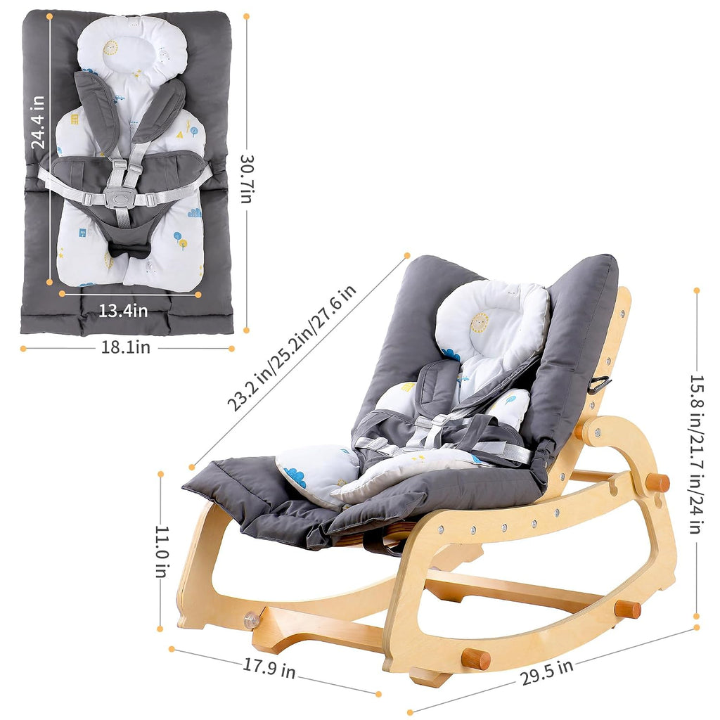 In-1 Baby Rocker Chair with Double Cushions, for 0-12 Months, Adjustable Wooden Infant Rocker with Removable