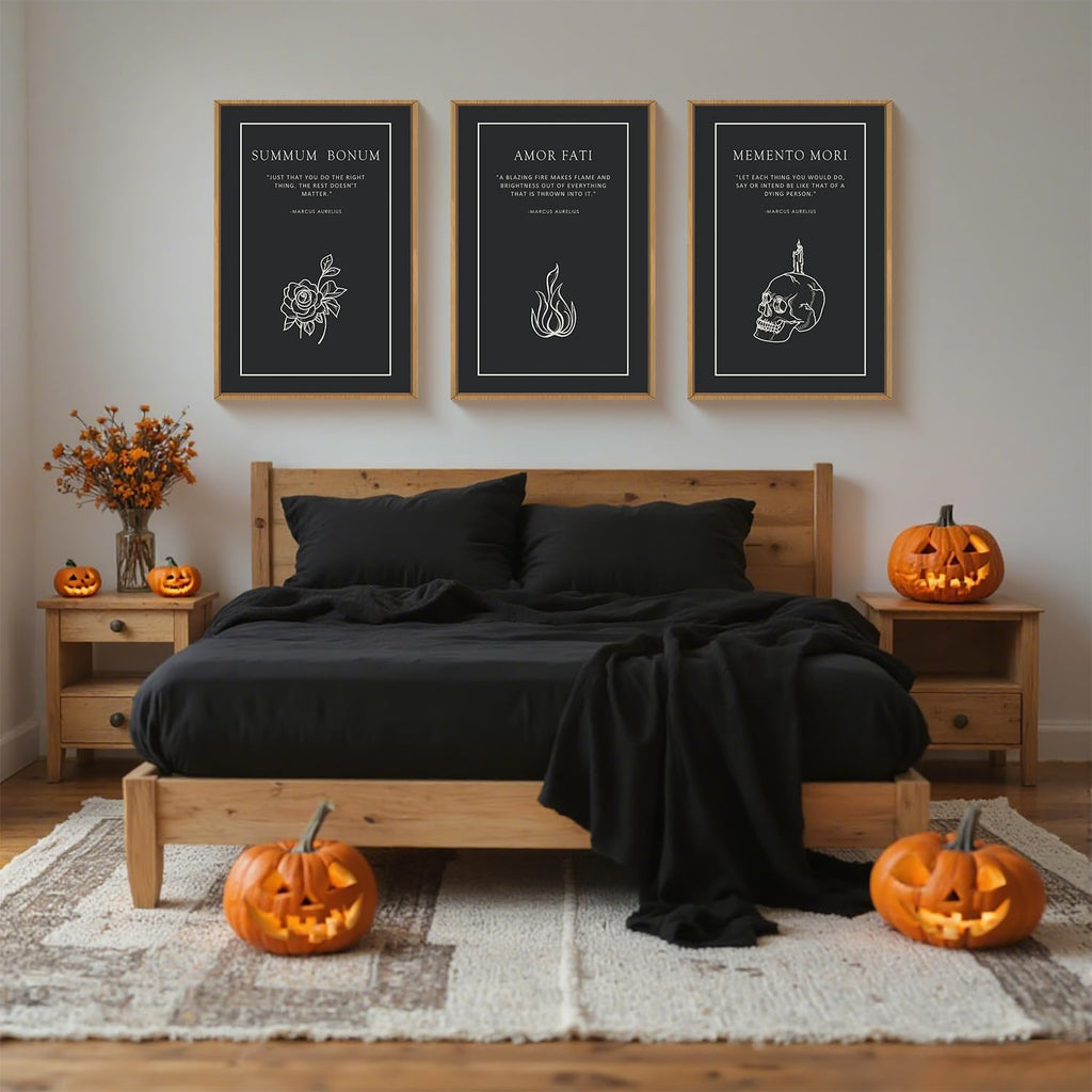 Halloween Canvas Wall Art Set of 3, Black Skeleton Meditations Home Decor, Amor Fati Memento Mori Stoic