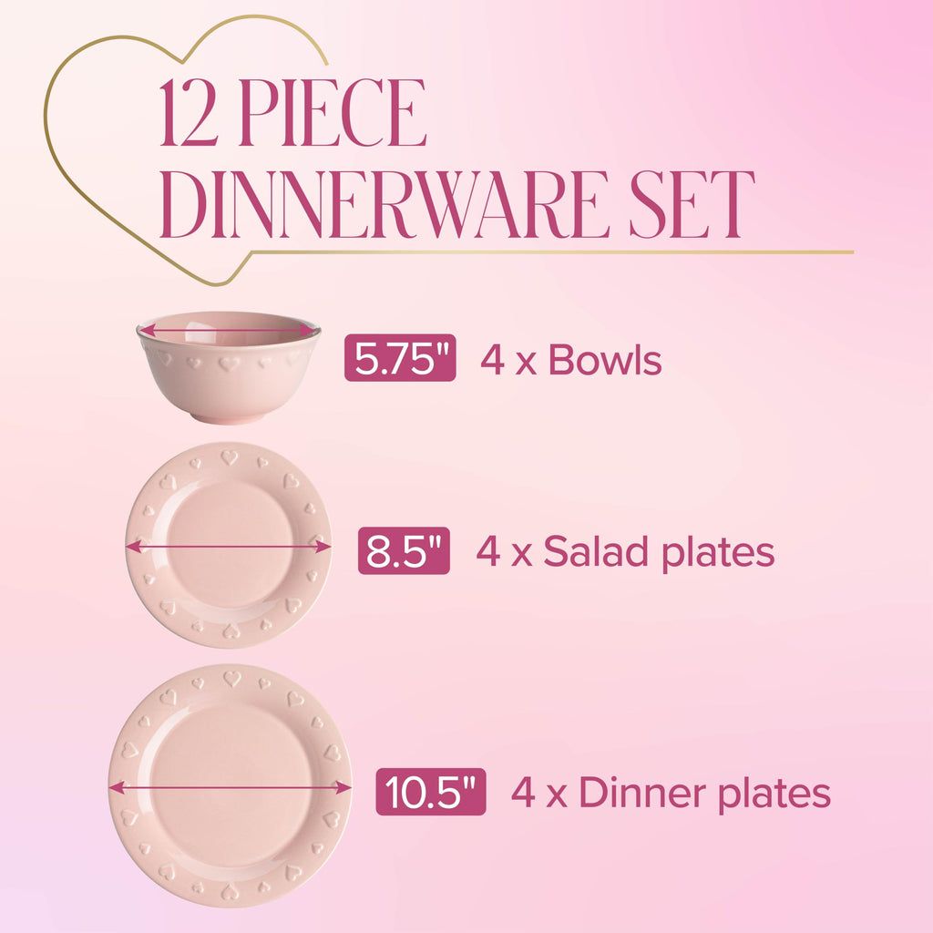 12-Piece Dinnerware Set, Embossed Hearts. Iconic Ceramic Stoneware Service for 4 with Dinner Plates, Salad Plates