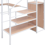 Full Loft Bed with Desk and Wardrobe and Storage Stairs, Loft Beds for Adults, Kids, Teens Metal, White