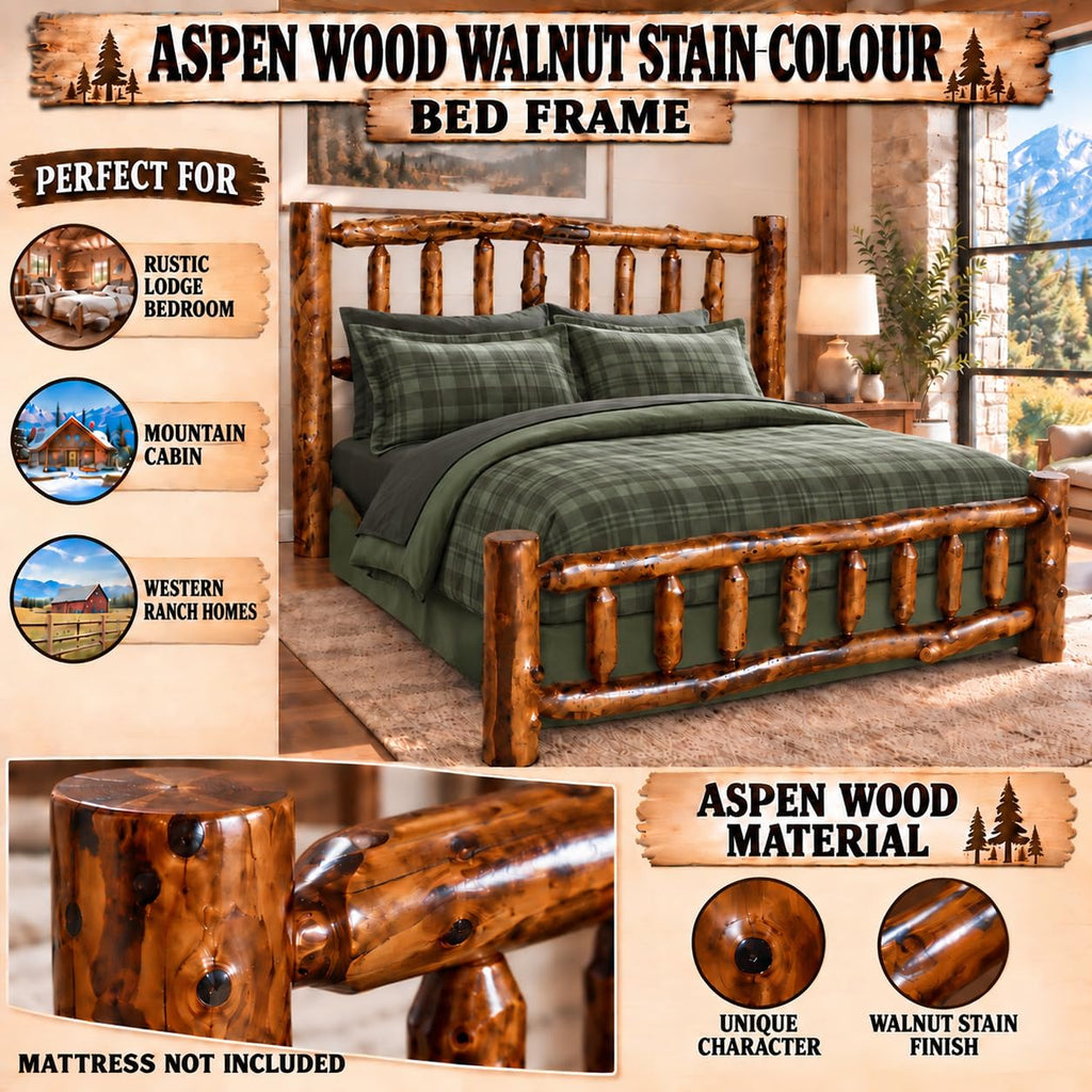 Amish USA Made Rustic Log Bed Colorado Aspen Solid Wood Walnut Bedroom