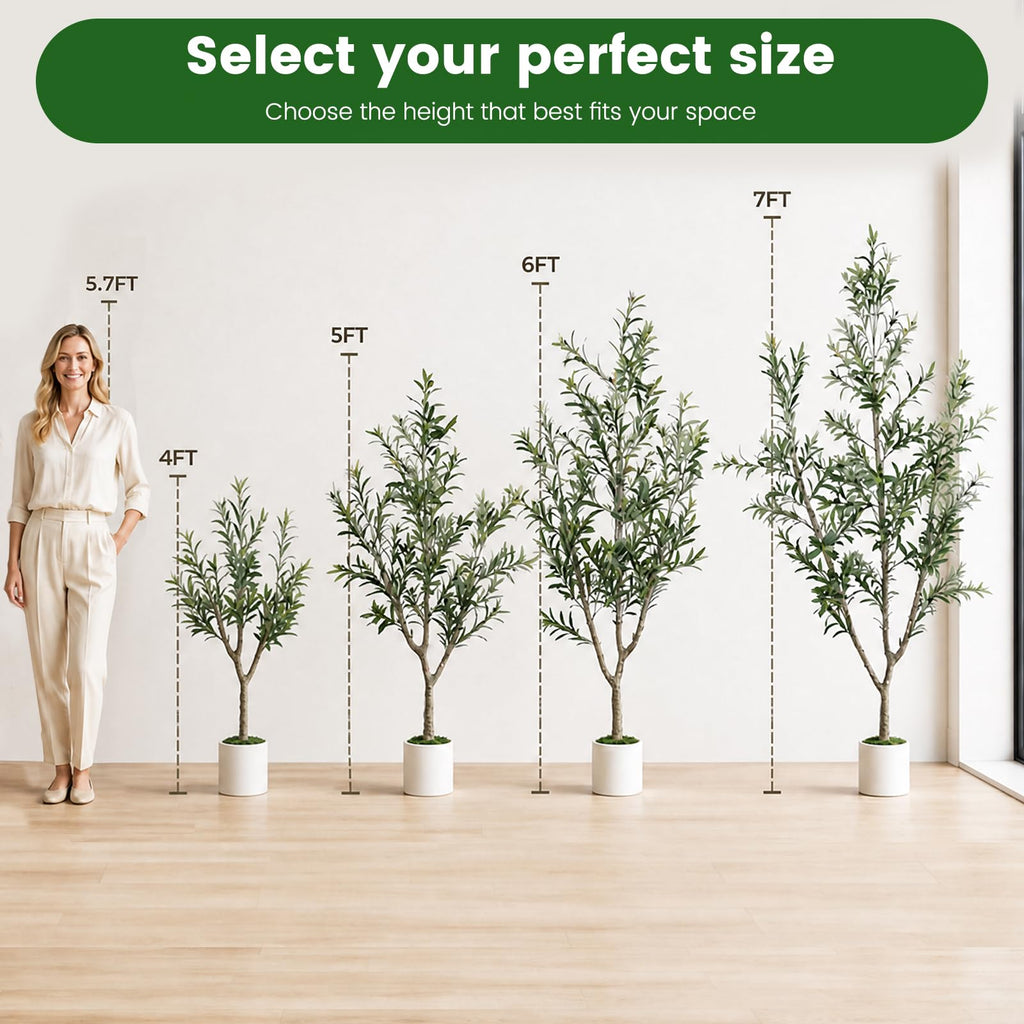 Olive Trees Artificial Indoor, 4ft Tall Olive Tree with White Planter, Faux olive tree with Natural Wood Trunk &