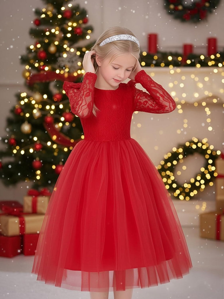 Flower Girls Dress Lace A-Line Long Sleeves Tulle Dresses