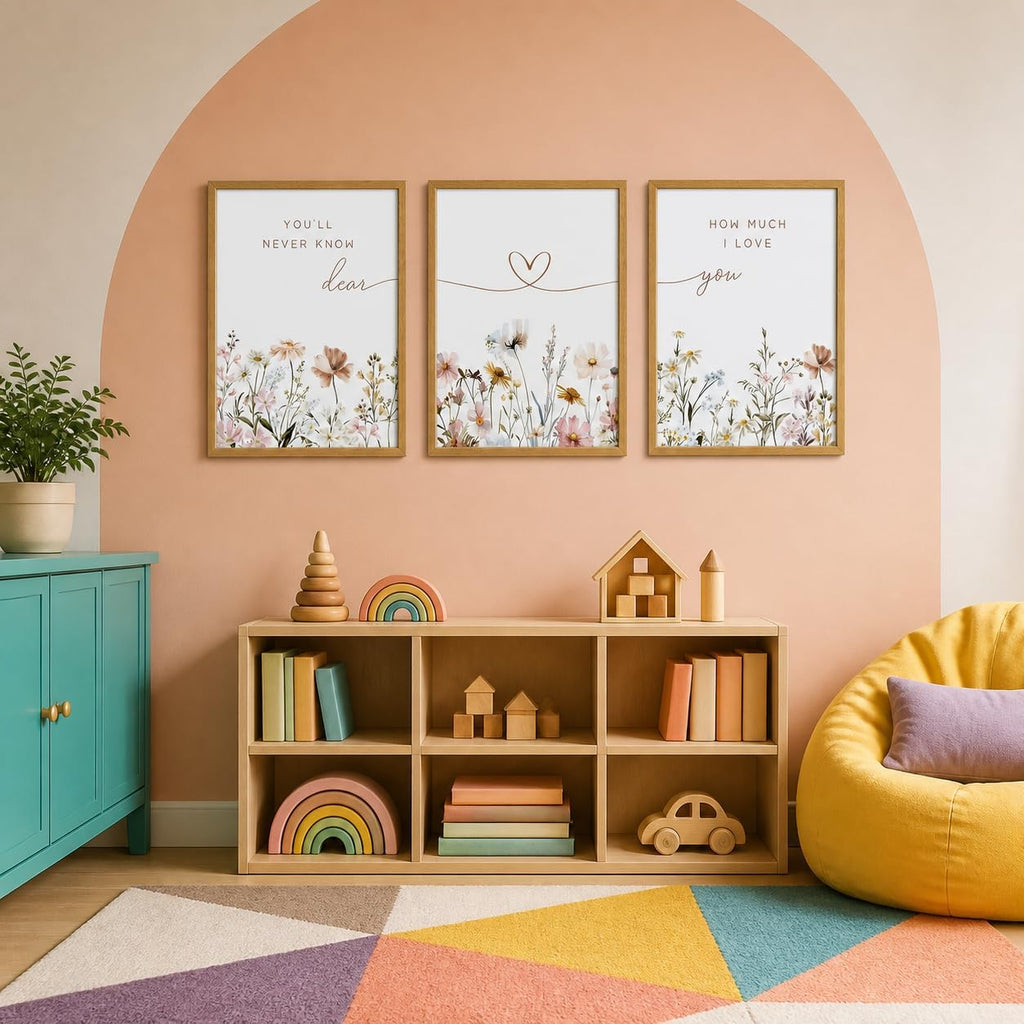 Wood Framed Nursery Wall Art Set of 3, Boho Wildflower Prints 12x16 Inch