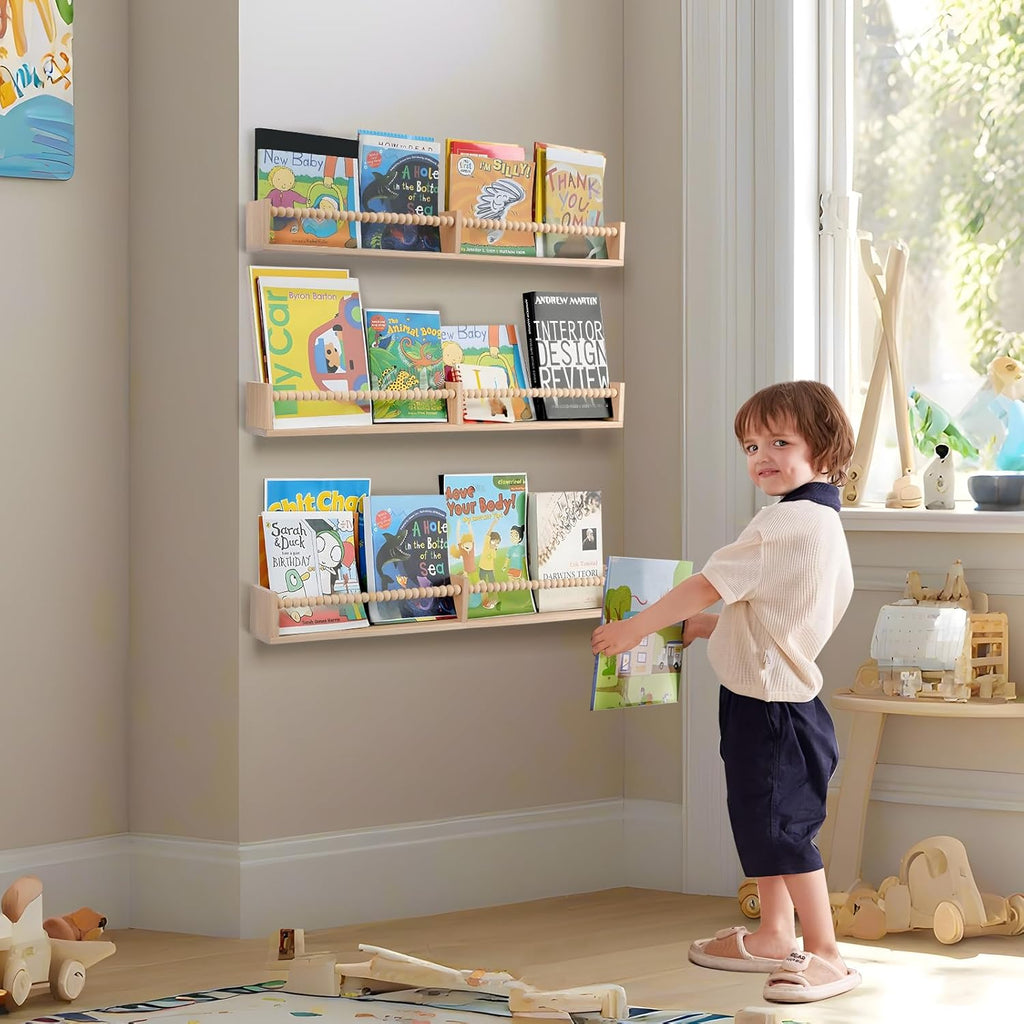 Nursery Shelves with Beads Design - 32 Inches Wall Book Shelves Set of 3, Space-Saving Nursery Book Shelves for Kids