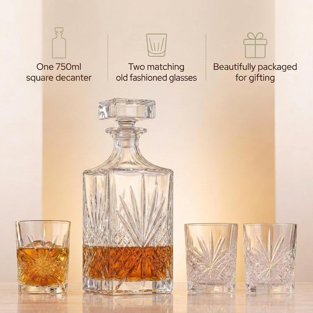Whiskey Decanter Set with 2 Old Fashioned Whisky Glasses for Liquor Scotch Bourbon or Wine - Irish Cut