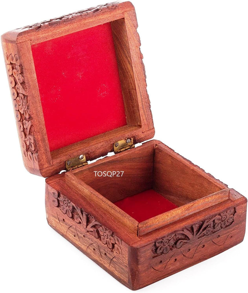 Gift Jewelry Box Rosewood Hand-Carved Novelty Unique Trinket Case Jewellery - 4 Inch Wooden Travel Jewel Organizer