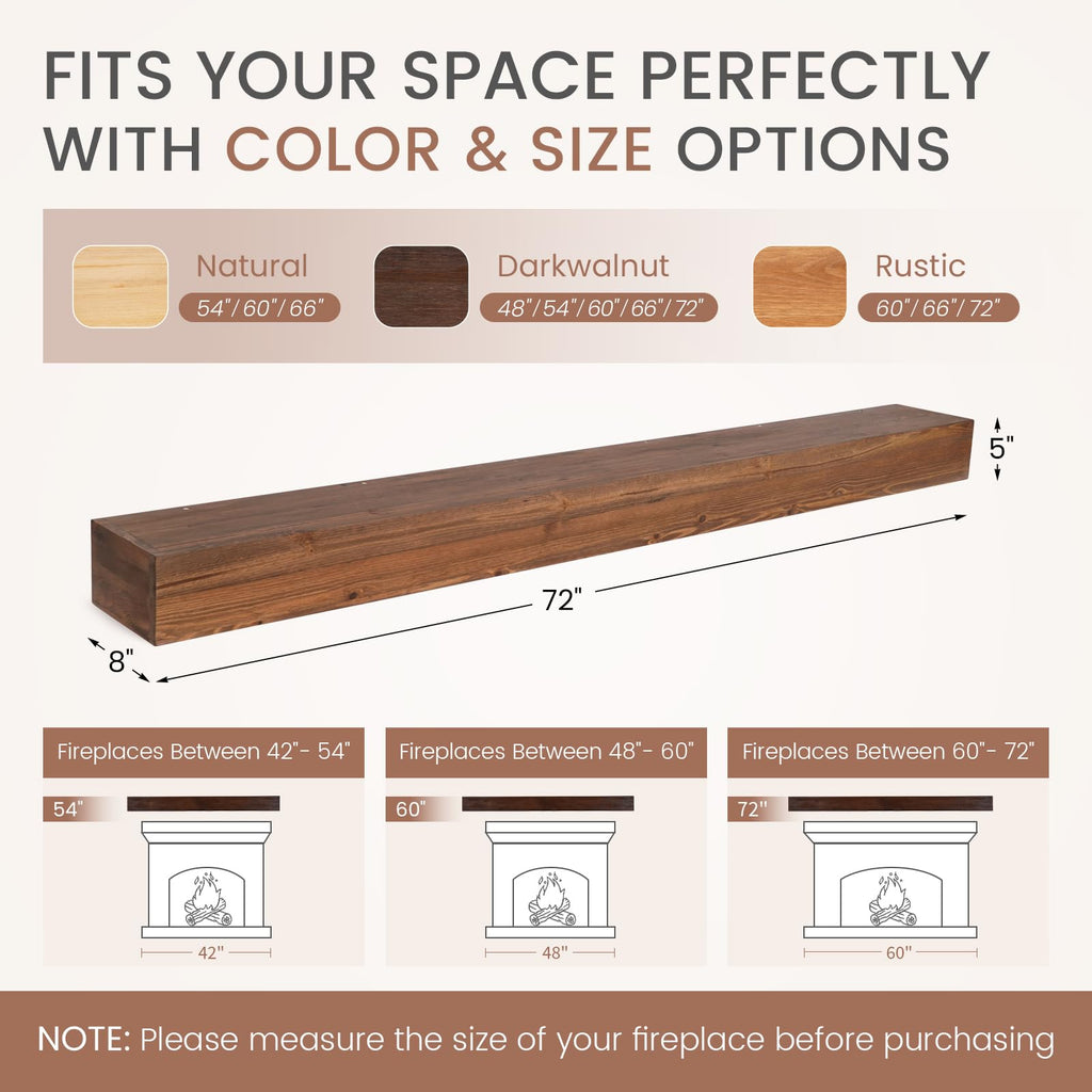 72'' Fireplace Mantel, 5'' Pine Wood Floating Shelf, DarkWalnut