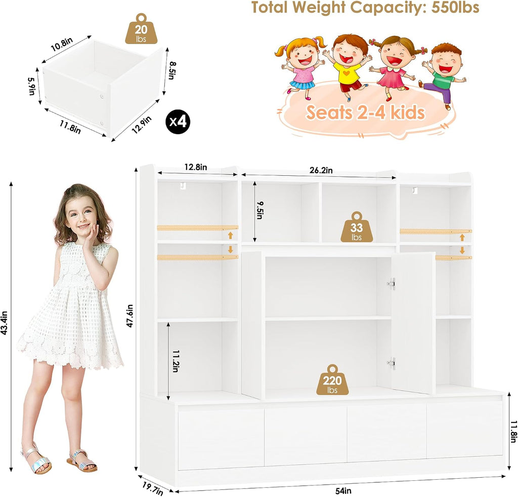 54" W Kids Bookshelf and Toy Storage Organizer Cabinet w/Reading Nook Bench | Kids Bookcase with 10 Storage Cubes & 4