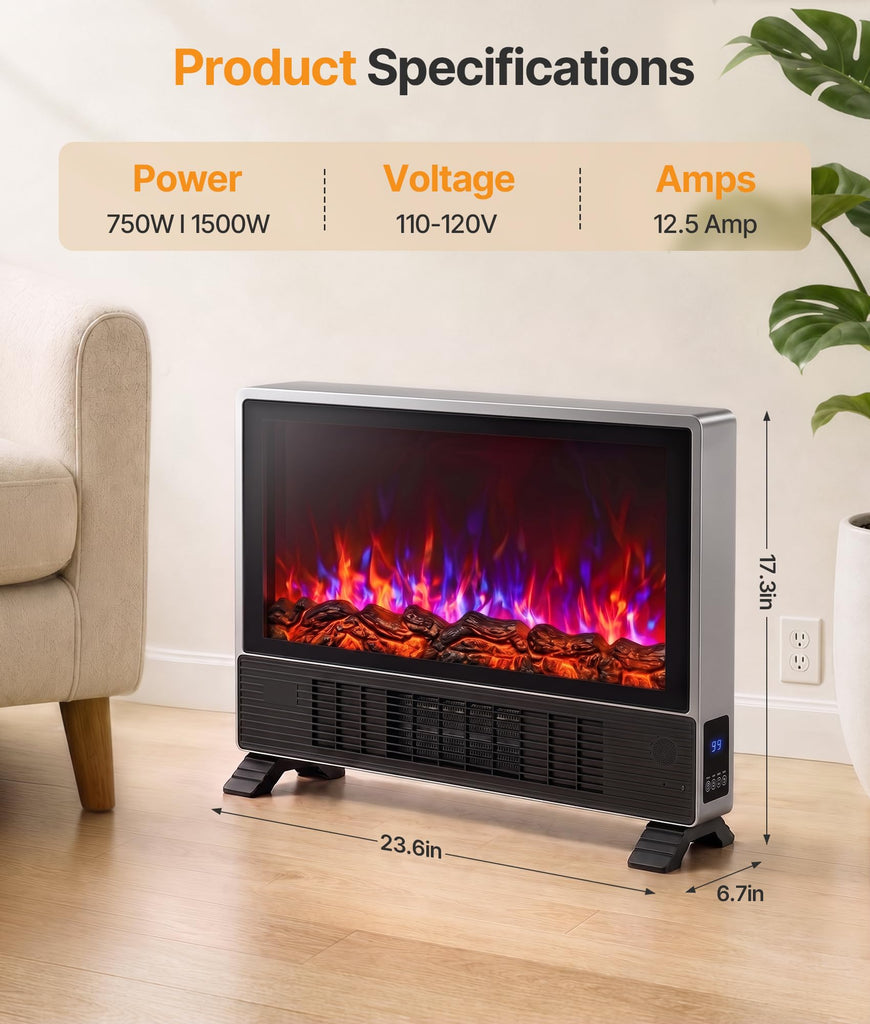 23.6-Inch Freestanding Electric Fireplace Heater with 3D Flame Effect