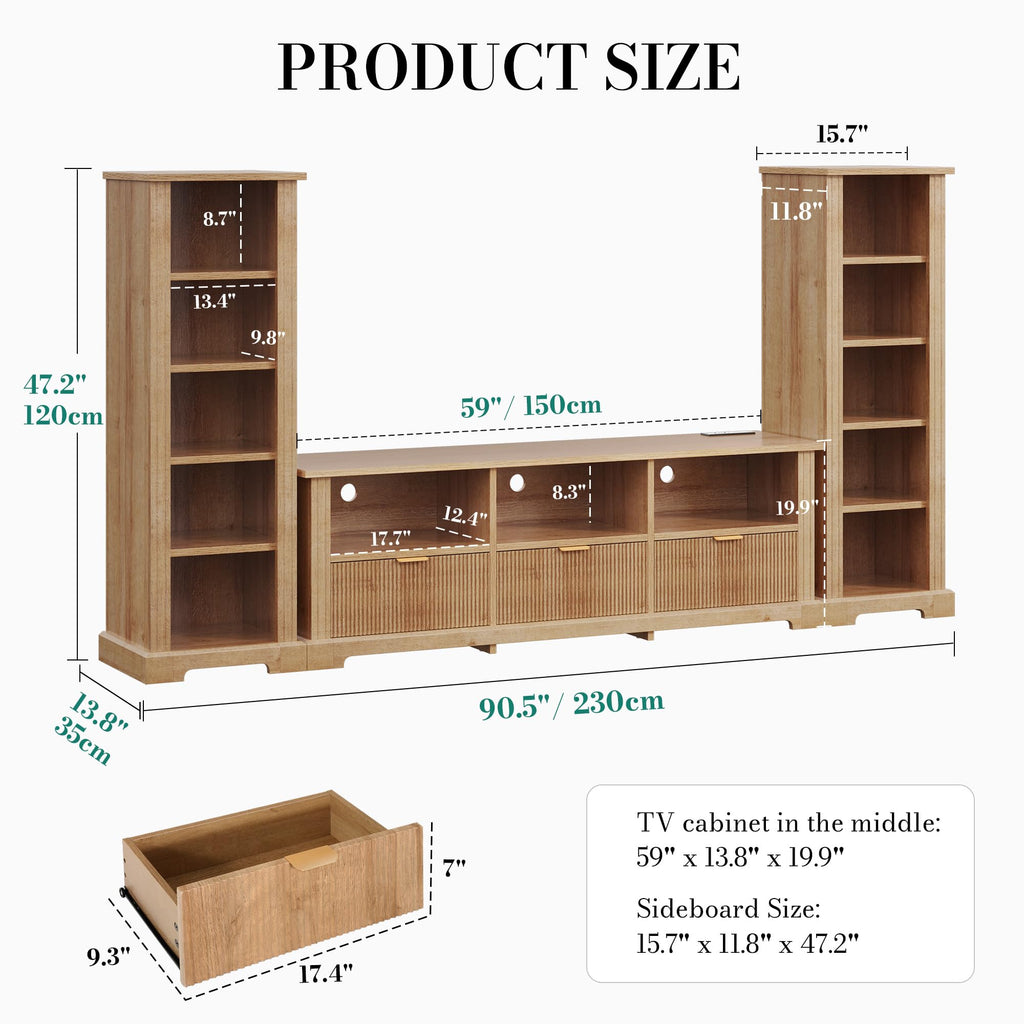Modern TV Stand with 2 Side Bookshelves, Fluted, Nature Oak