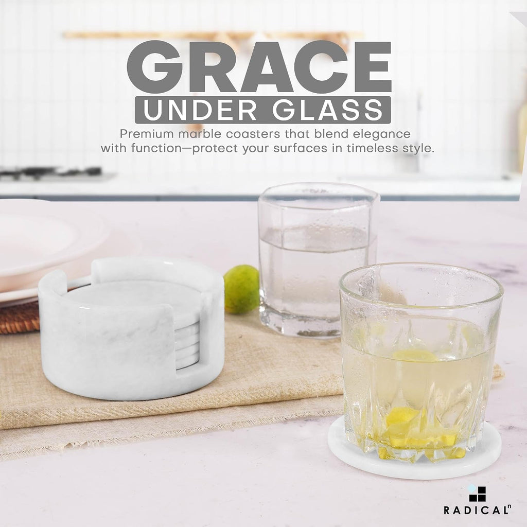 Round Marble Coasters with Holder - White Stone 3.5 Inch - Set of 6