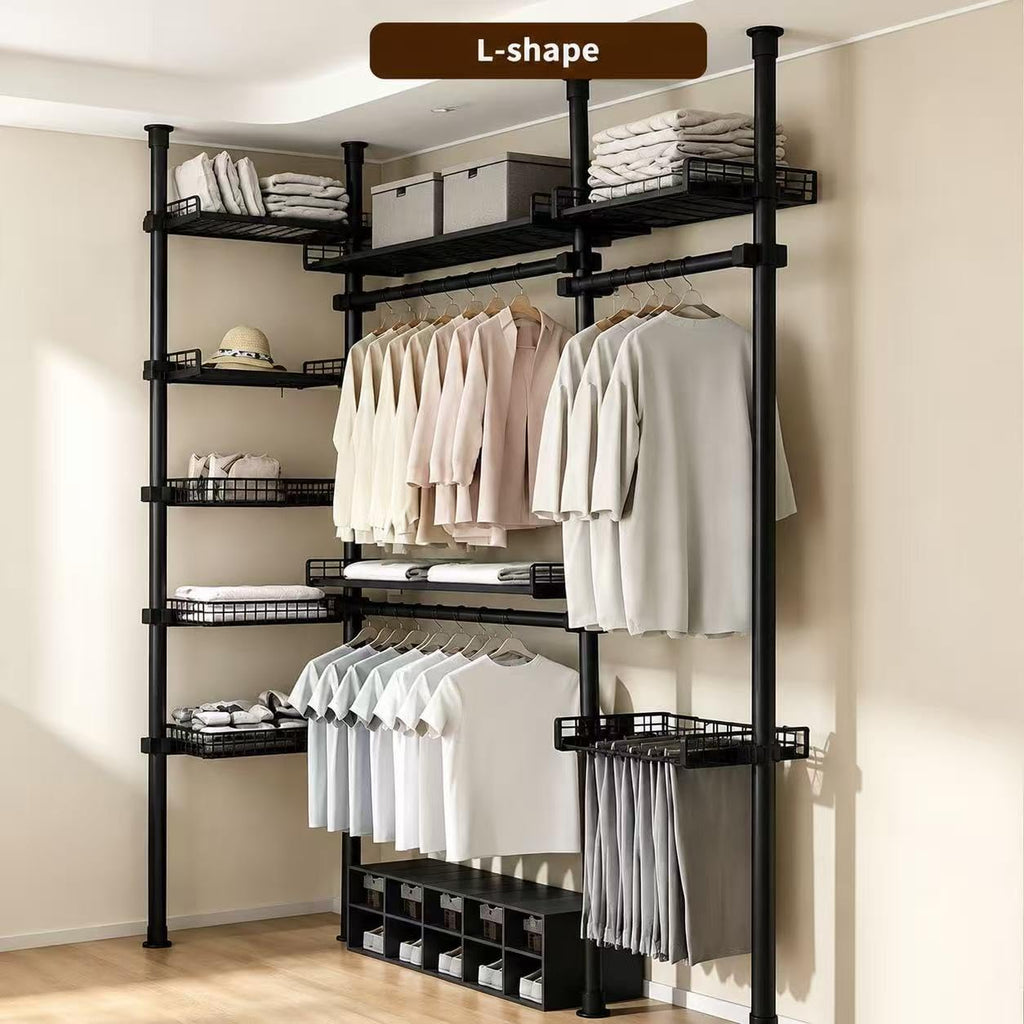 Telescopic Wardrobe Storage Rack, No Drilling Standing Organizer Black