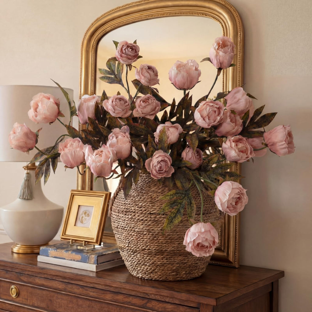 Faux Silk Peony Artificial Flowers Stem for Vase, 12 Pcs, Brownish