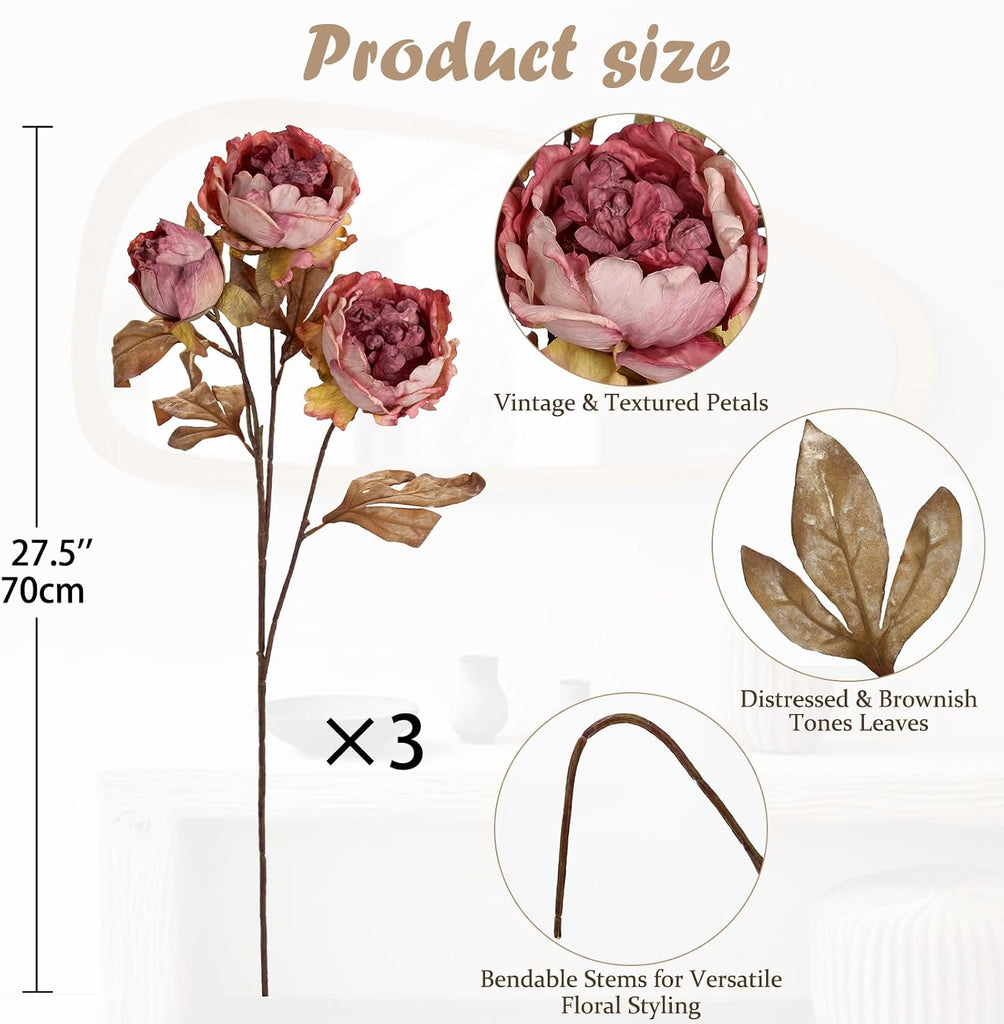 Artificial Dried Look Fall Peony Flowers 27.5in Tall Dusty Pink Vintage Silk Peony Bouquet Realistic Fake - Set of 3