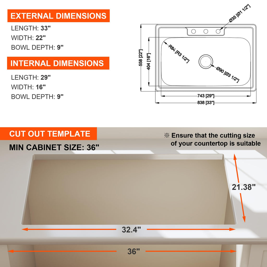 33x22 Drop In Single Bowl 33 Inch Topmount