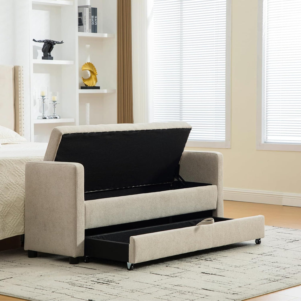58.3" 2-Tier Storage Bench Upholstered with Drawer, Griege. | End of Bed Bench, 2-Tier Storage King Size Bench
