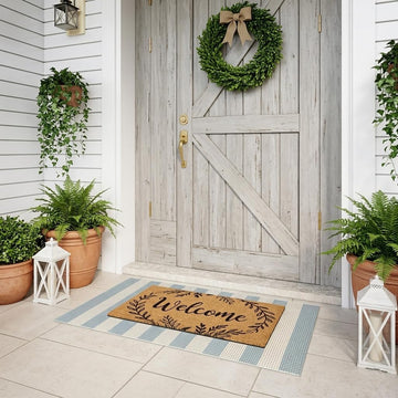 Layering Rug for Front Porch 2x4.3 Cute Welcome Mat Outside Entrance | Washable Front Door Mat, Blue White and Tan