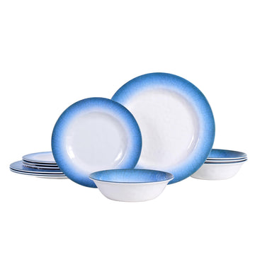 12pcs Melamine Dinnerware Set, Blue Crackle Plates and Bowls Set