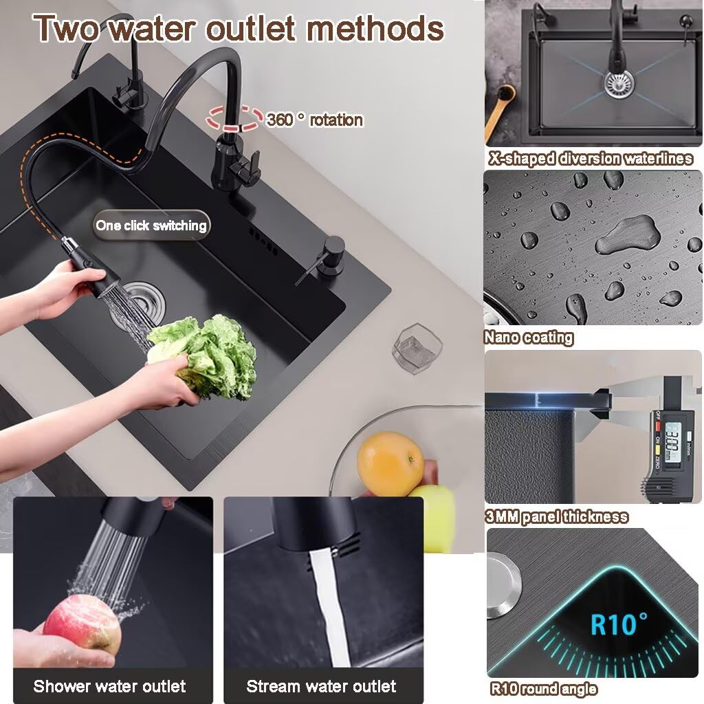 Black Drop Sink, Stainless Steel Single Bowl Sink with 3 Holes, Topmount Workstation Sink, Farmhouse Rectangle Basin