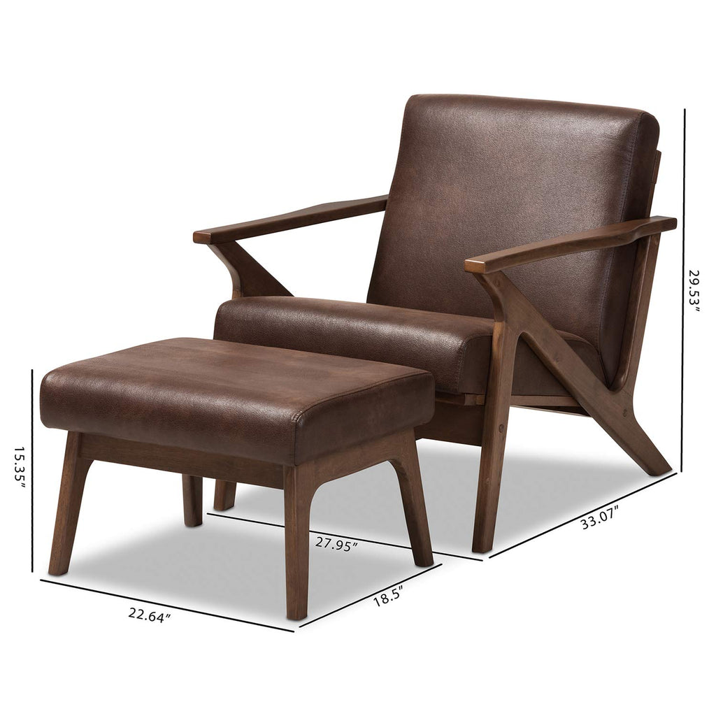 Inspired Eames Style Bianca Mid-Century Modern Walnut Wood Dark Brown Distressed Faux Leather Lounge Chair and Ottoman
