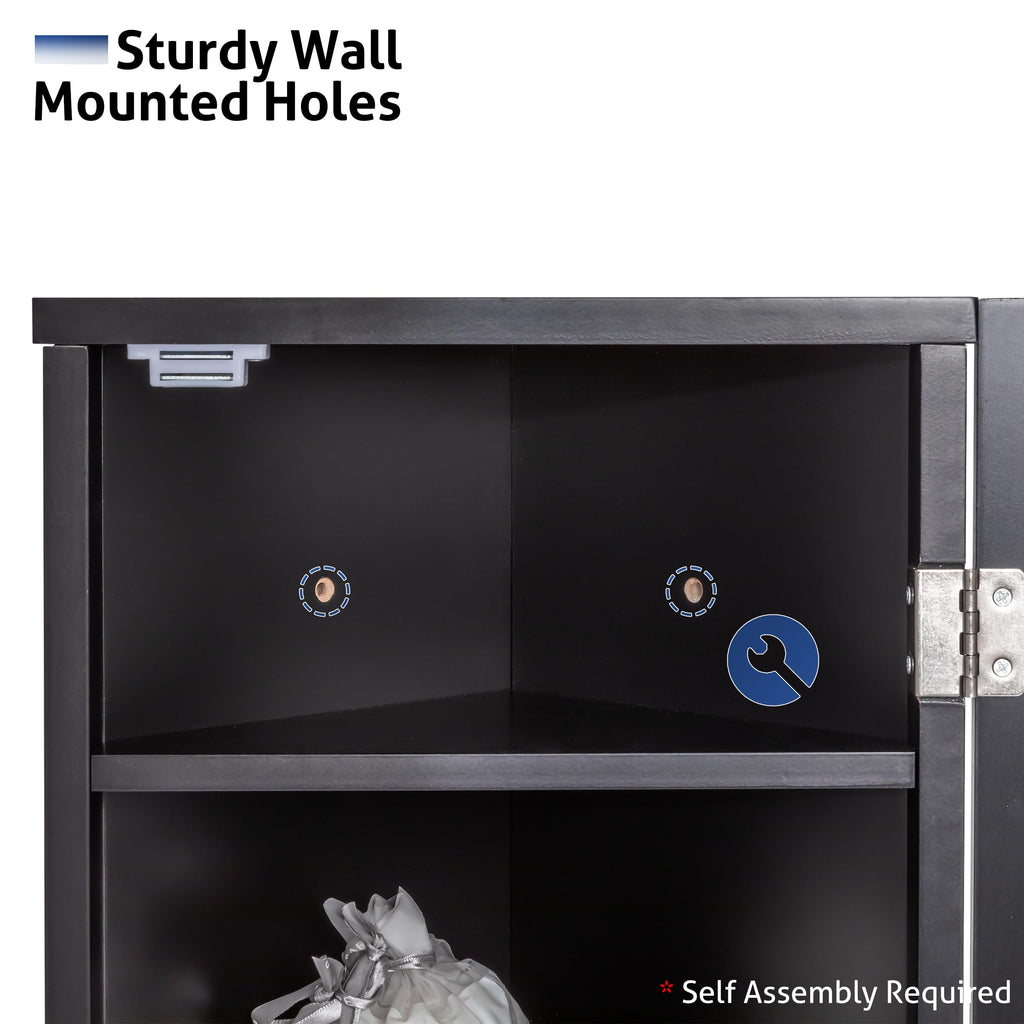 24" Bathroom Corner Medicine Cabinet W/Mirror, Double Doors Bathroom Black Wall Mount Mirror Cabinet, Hanging Triple
