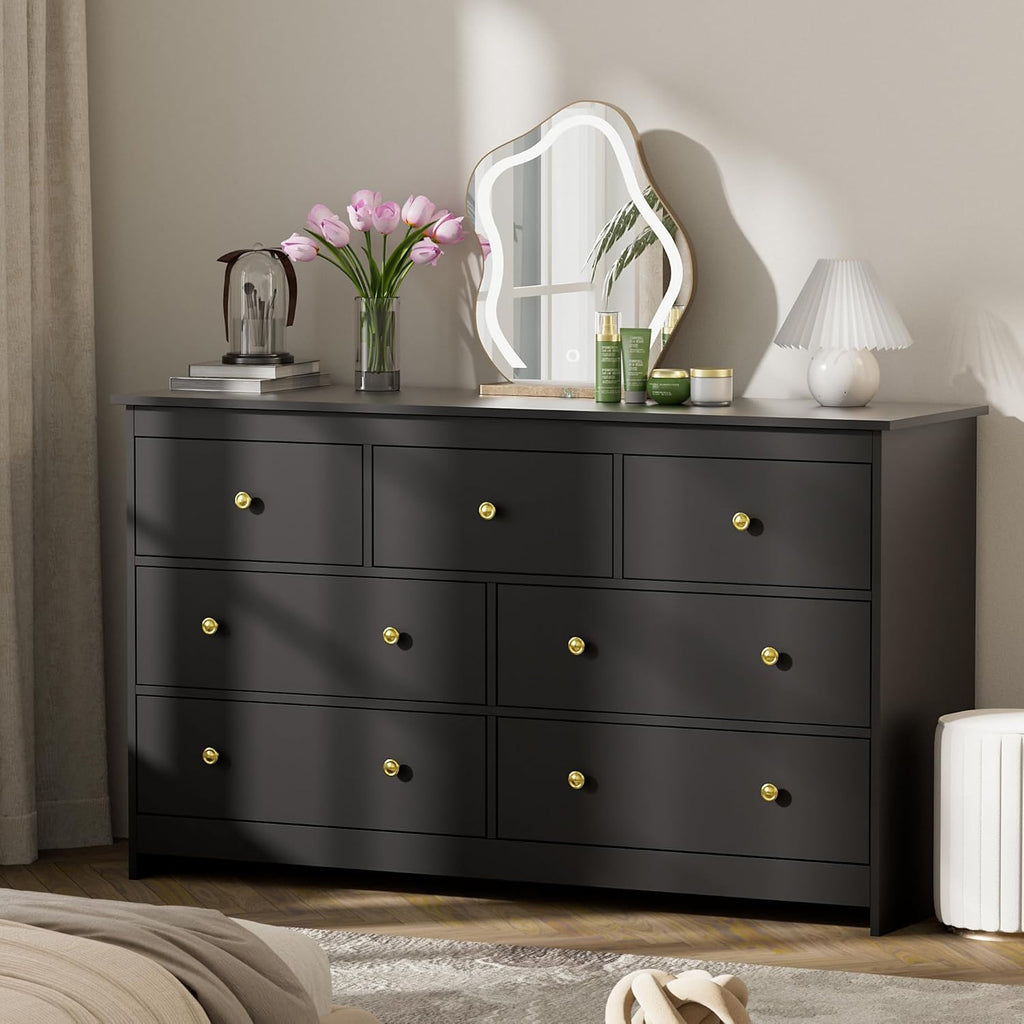 Black 7 Drawer Dresser, 55'' Wide Wood Chest of Drawers with Gold Handles, Modern Large Dressers Organizer, TV