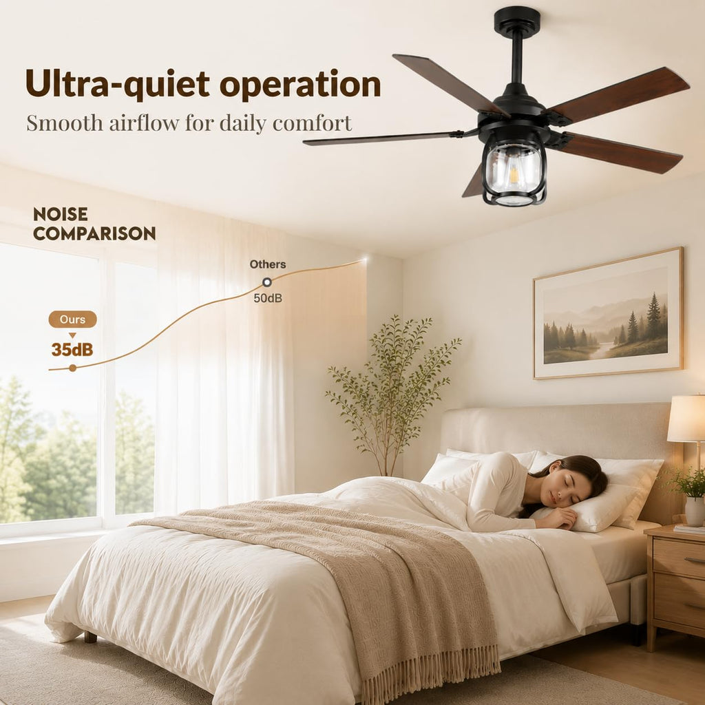 52 Inch Ceiling Fan with Light and Remote, Farmhouse Ceiling Fan, Rustic Ceiling Fan with Reversible DC Motor, 6