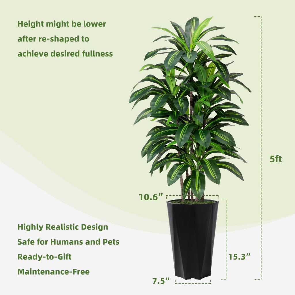 Artificial Dracaena Plant Indoor 5FT Fake Tree with White Diamond Planter Faux Yucca Tall Fake Floor Plant in Pot