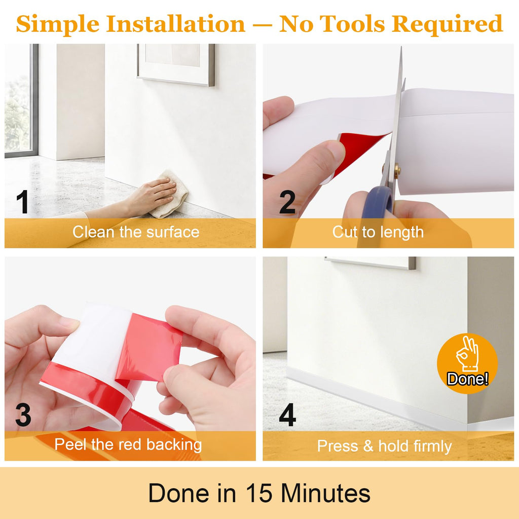 Flexible Vinyl Baseboard Trim 20 Ft, Peel and Stick Wall Base