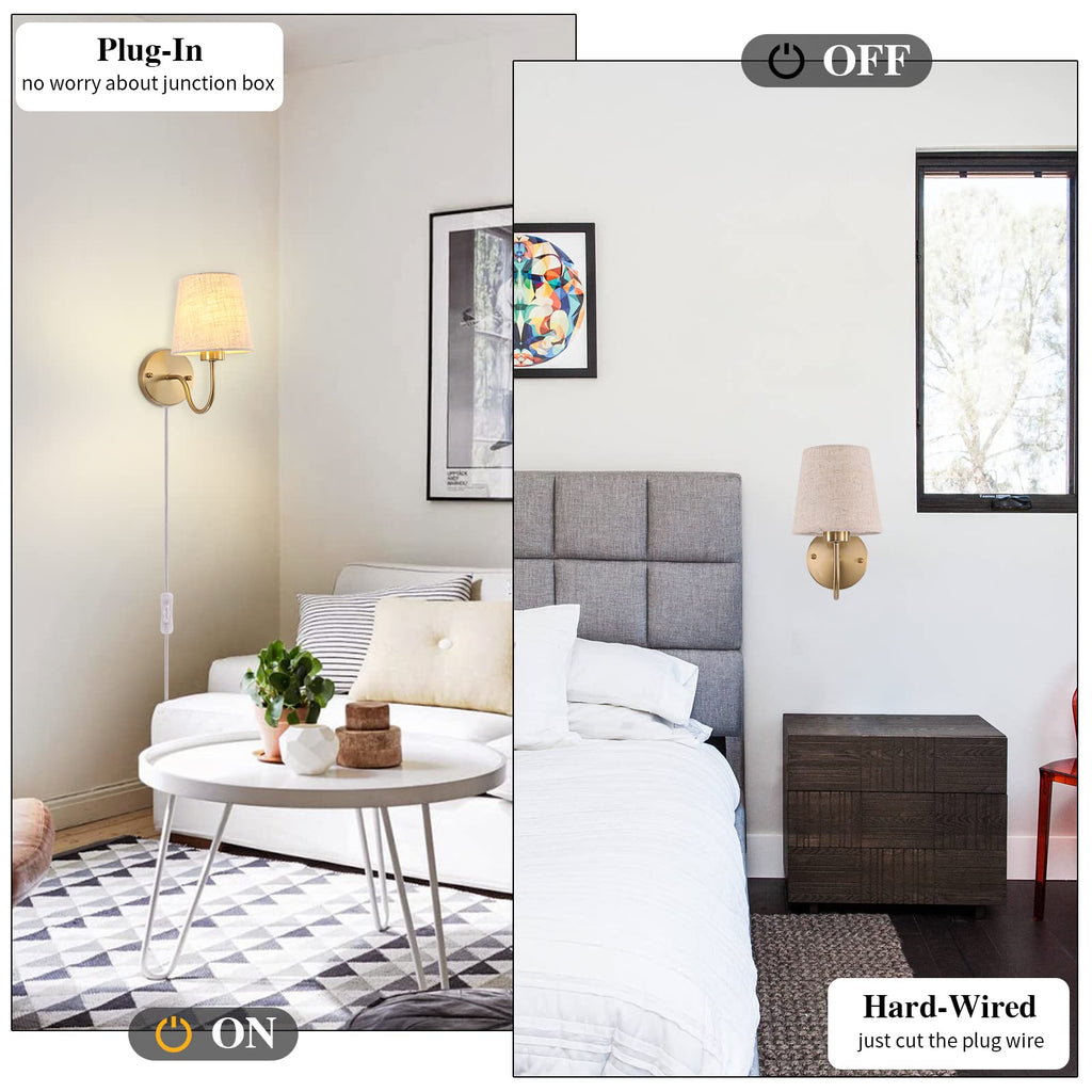 Plug in Wall Sconces Set of Two, Gold Bedside Wall Lamps Lights
