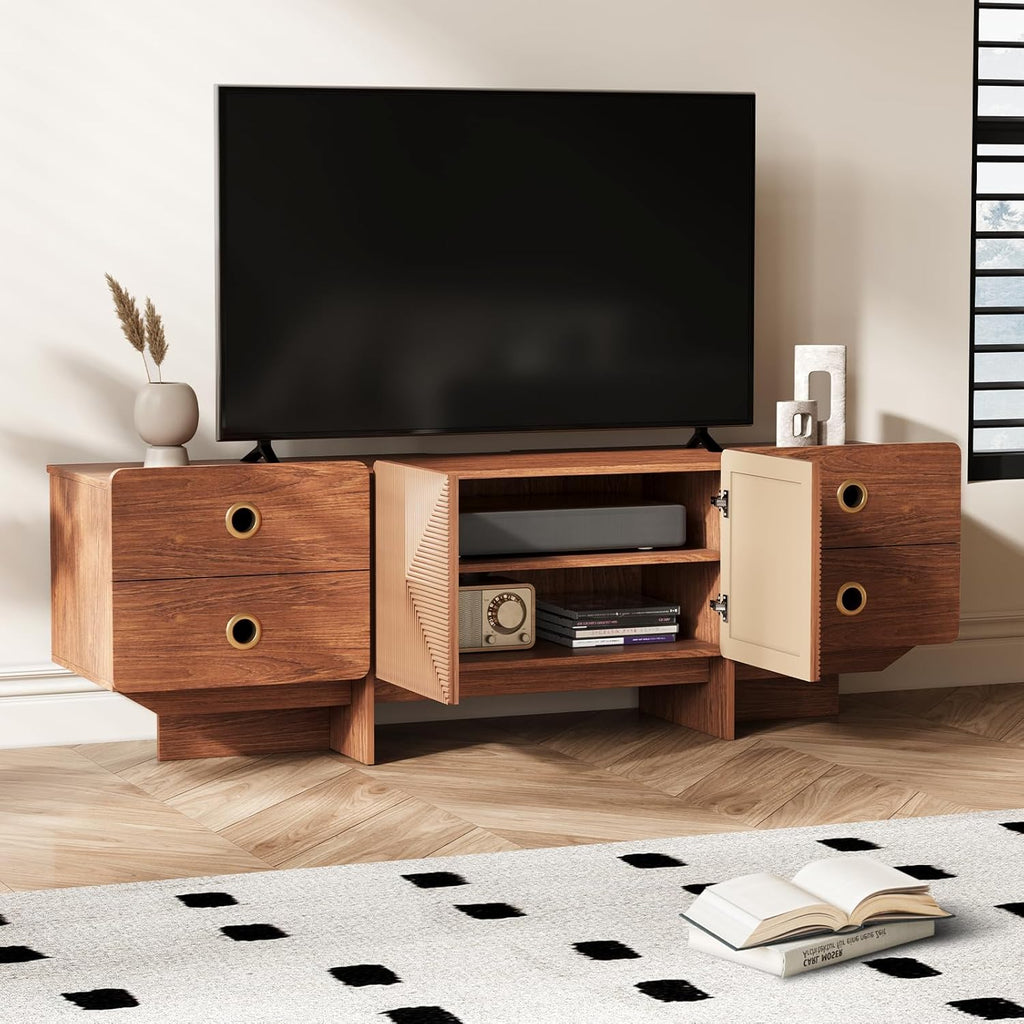 66" Fluted TV Stands for Living Room, Mid Century Modern TV Consoles for 75 inch TV, Entertainment Center with