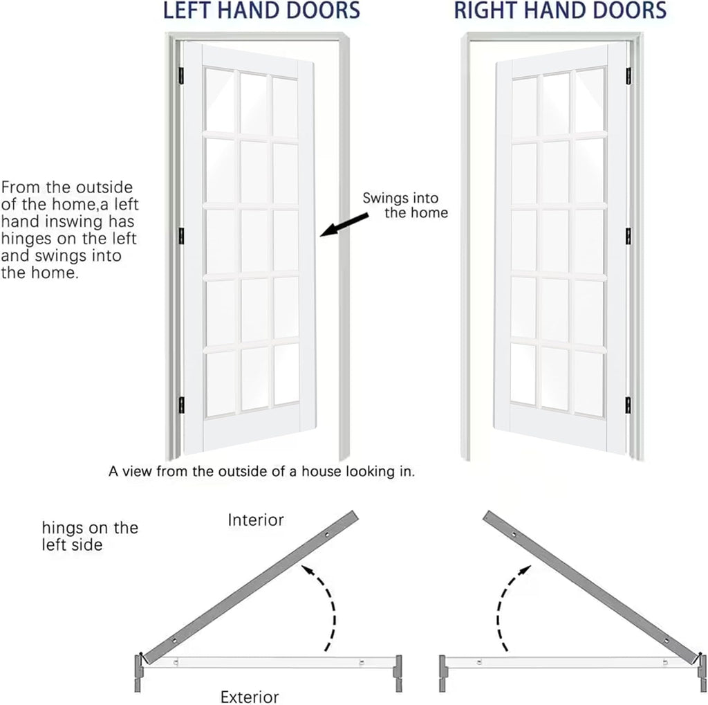 French Door, 32" x 80", 15-Lite Clear Glass, Prehung Interior Door, Right-Handed, White MDF with Door Jamb & Hardware Kit