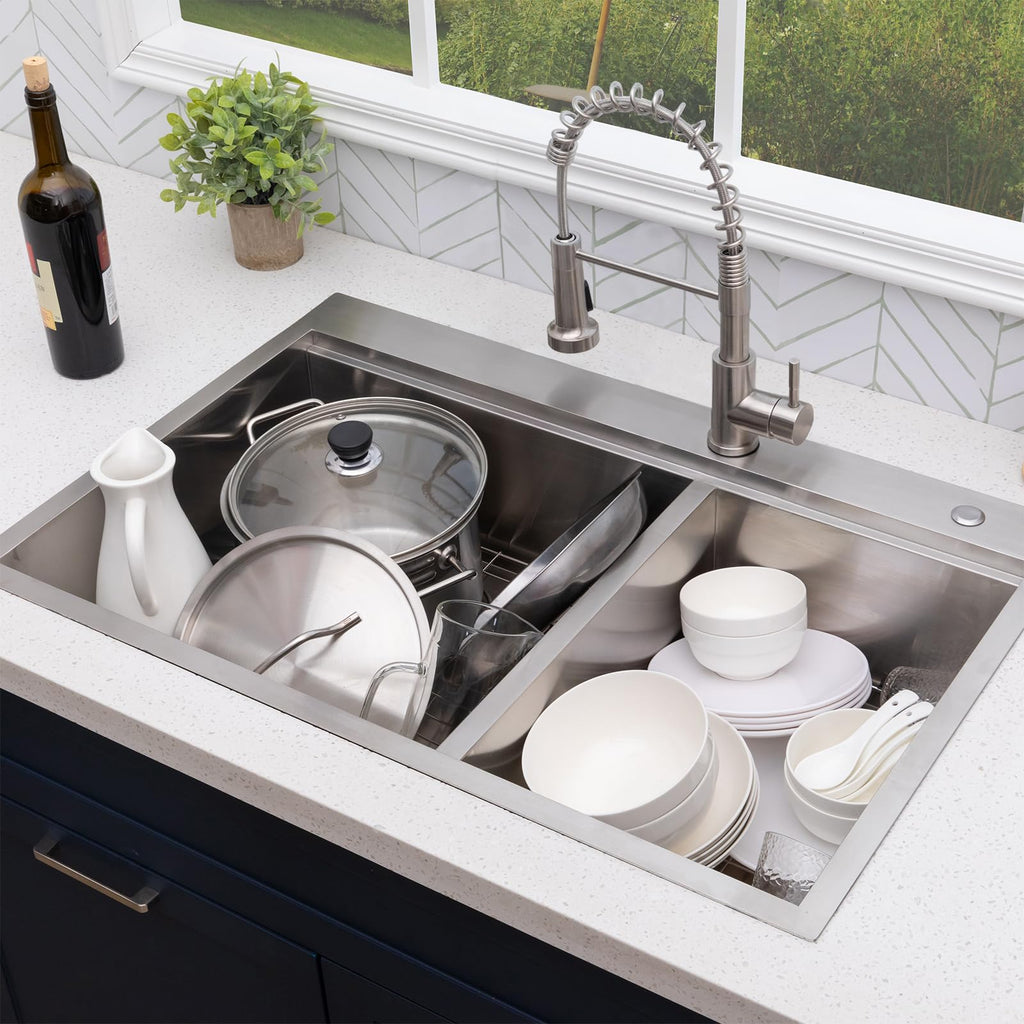33x22 Inch 60/40 Double Bowl Kitchen Sink Drop In, 33 Inch Topmount Ledge Workstation Sink, 16 Gauge Stainless Steel
