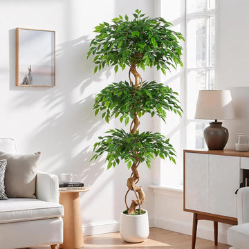 6ft Large Ficus Artificial Trees in White Pot, 72" Tall Fake Silk Tree with Natural Curved Trunk, Lush Faux Ficus