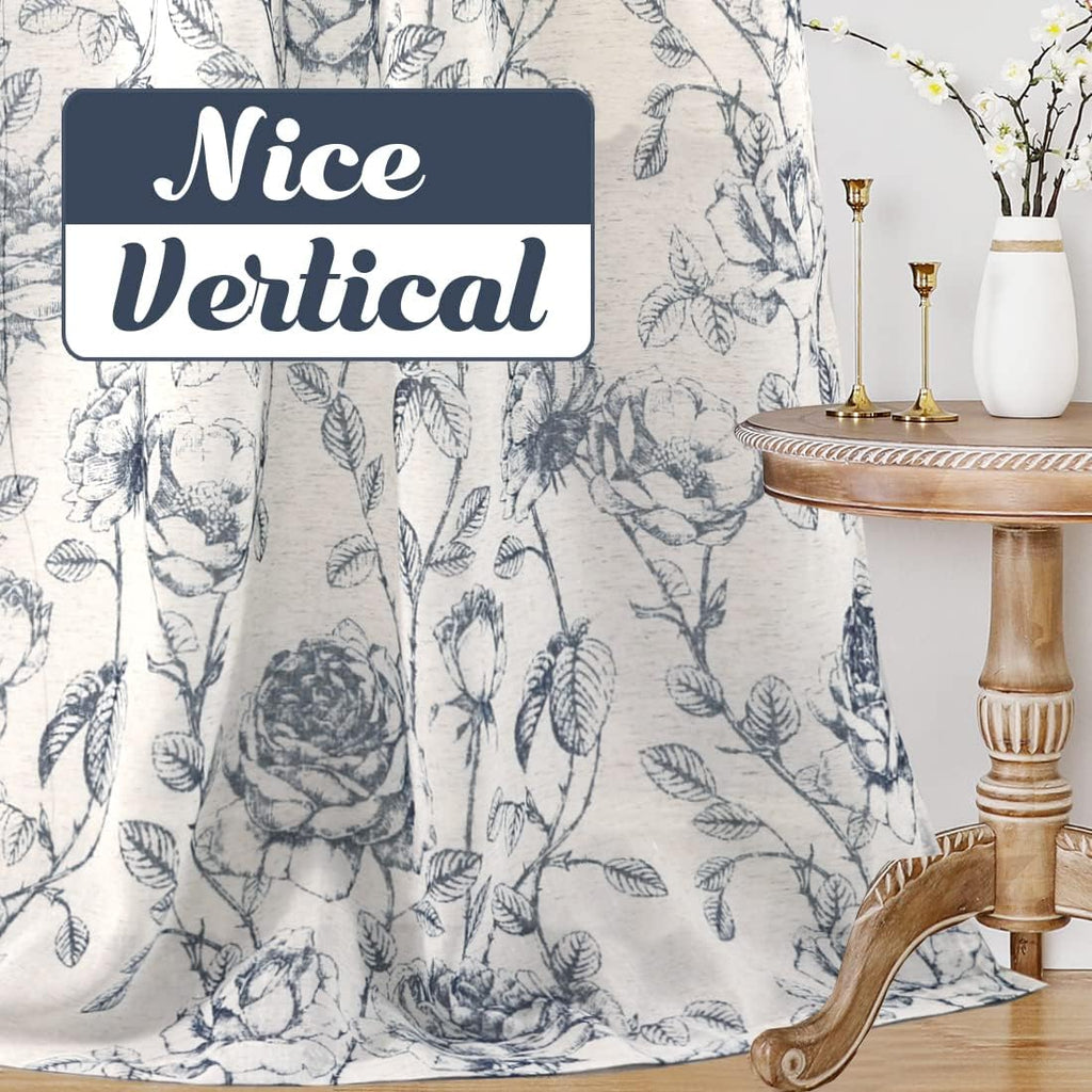 Boho Floral Linen Curtains, Semi Sheer Light Filtering Curtain, Drapes 108 Inch Length 2 Panels Set, Grommet