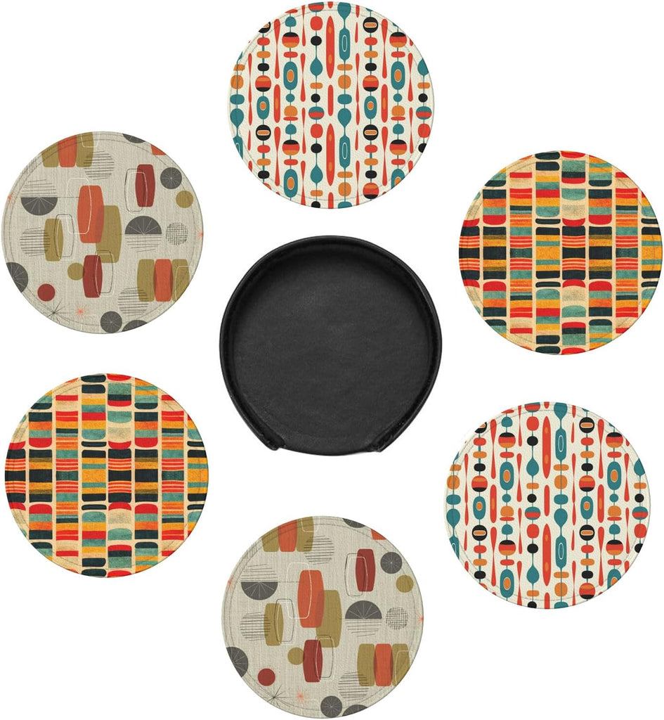 Mid Century Modern Style Leather Drinks Coasters with Holder - Set of 6
