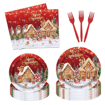 96Pcs Gingerbread House Merry Christmas Party Tableware Supplies Candy House Gingerbread Plates and Napkins Santa