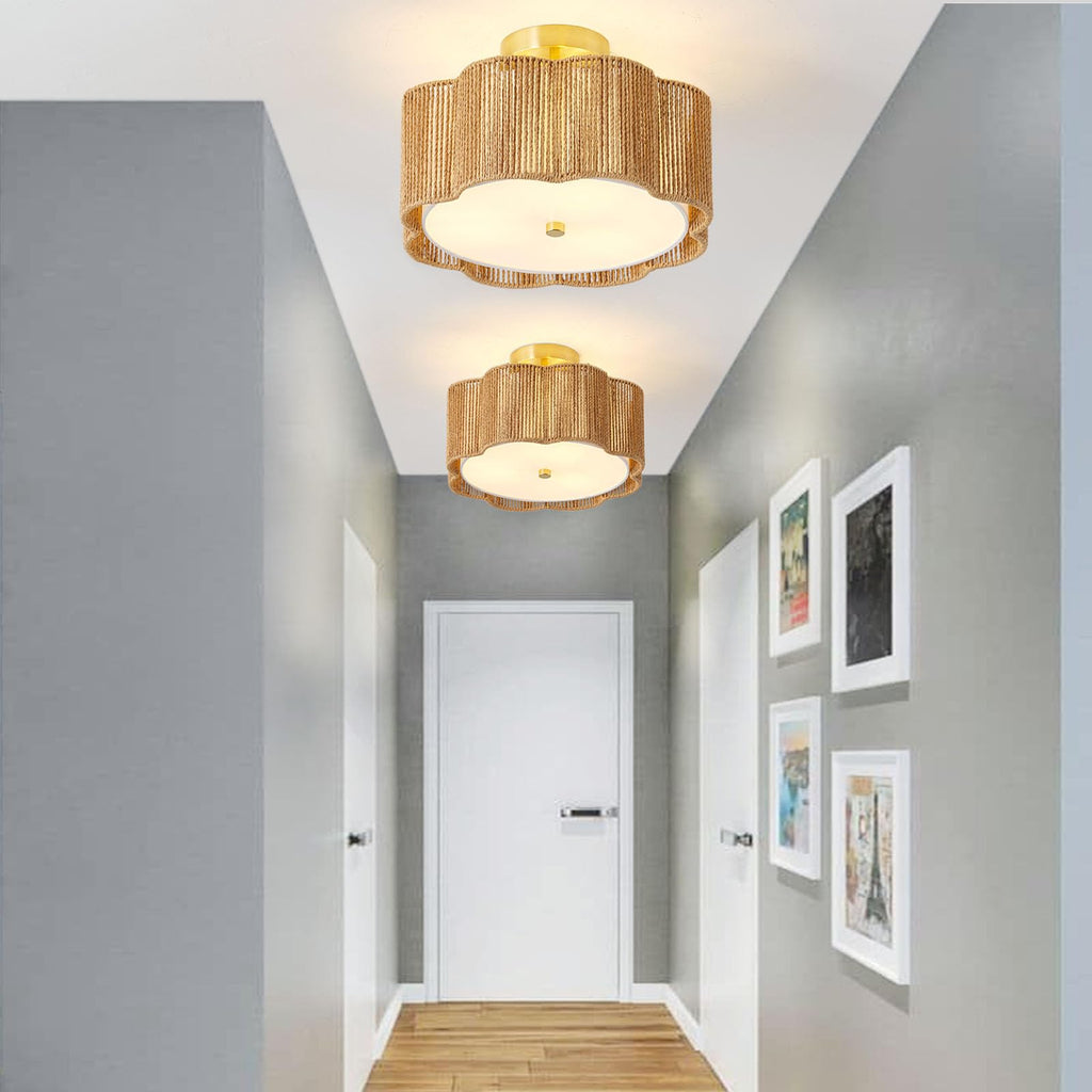 Rattan Ceiling Light Fixtures Flush Mount, 3-Light Boho Light Fixtures Ceiling Mount, Close to Ceiling Lights Modern