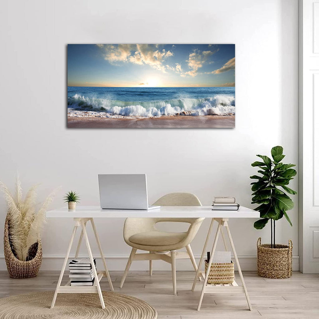 Beach Sunset Canvas Wall Art Blue Ocean Wave Nature Prints, 24"x48"