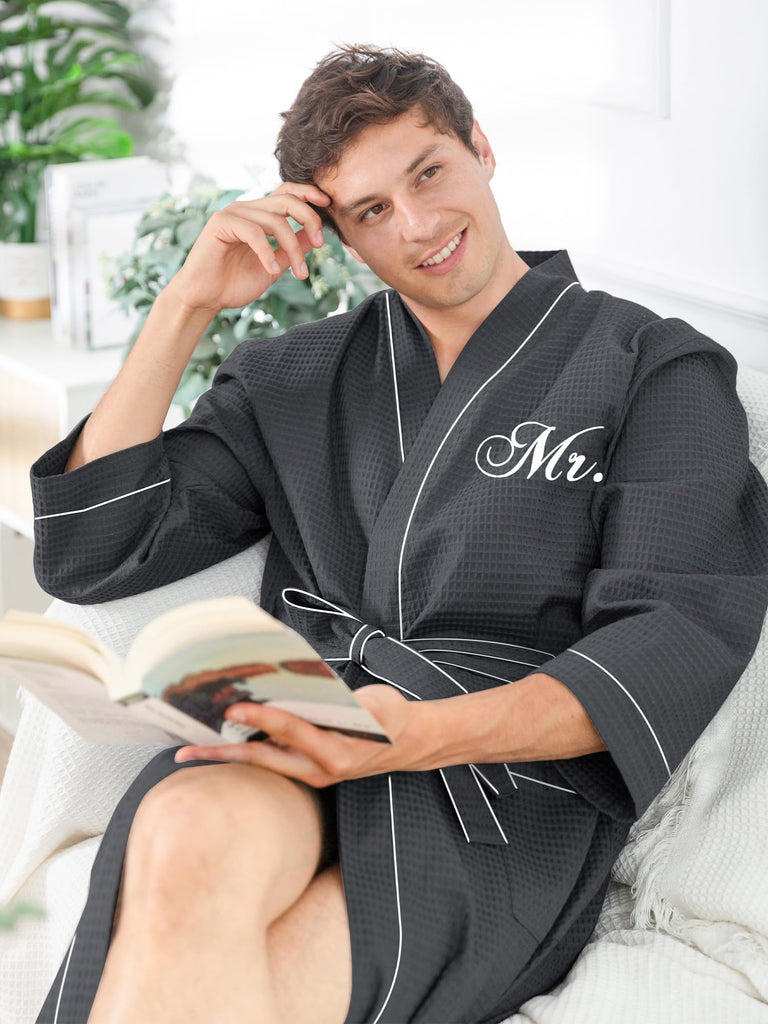 Engagement Gifts for Couples, Mr and Mrs Waffle Knit Robe, Grey