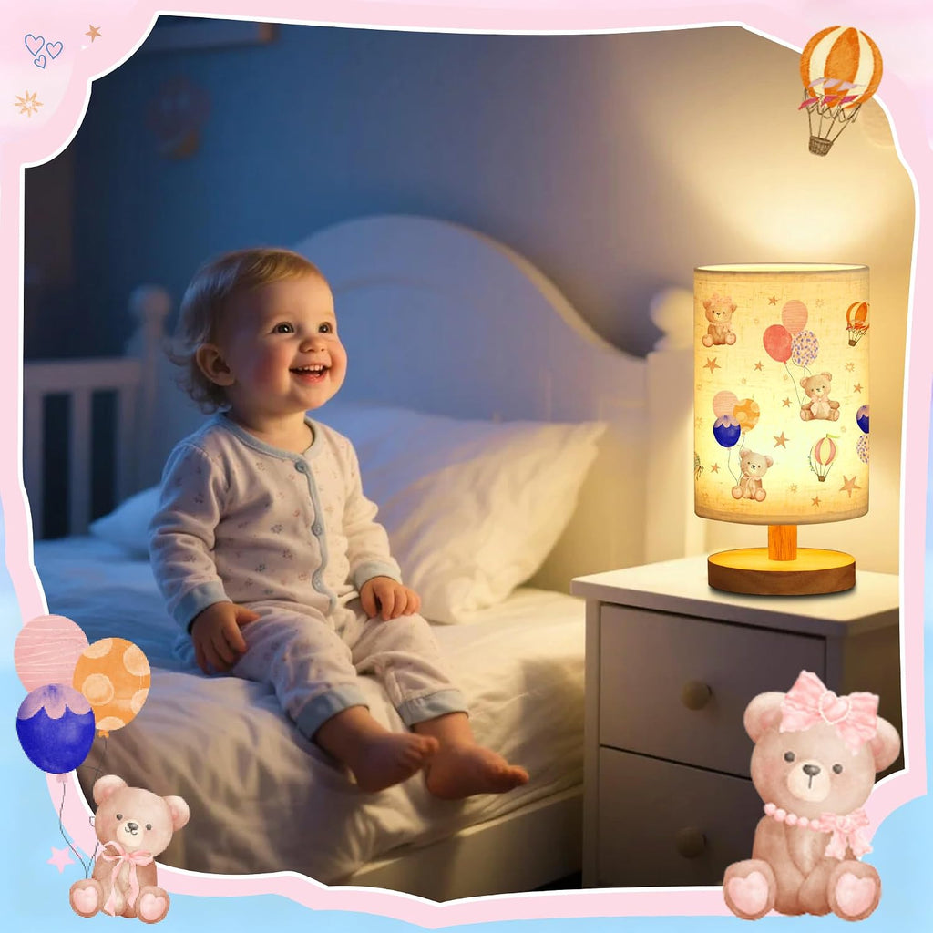 Bear Kids Table Lamp Kids Bedside Lamp with Linen Wooden Nightstand Cartoon Nursery Lampshade for Girls Boys Living
