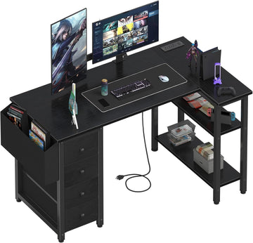 L Shaped Gaming Desk with Power Outlet, 47 Inch Reversible Corner Computer Desk with Drawers & Storage Shelves