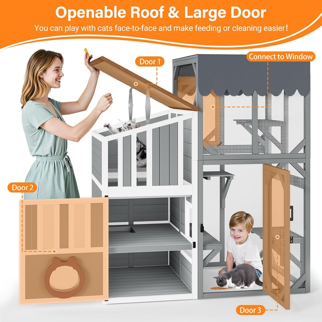 3 Tiers Catio 69" H Outdoor Cat Enclosures, Large Cat House Feral Cats Shelter with Weathproof Roof, Window Access