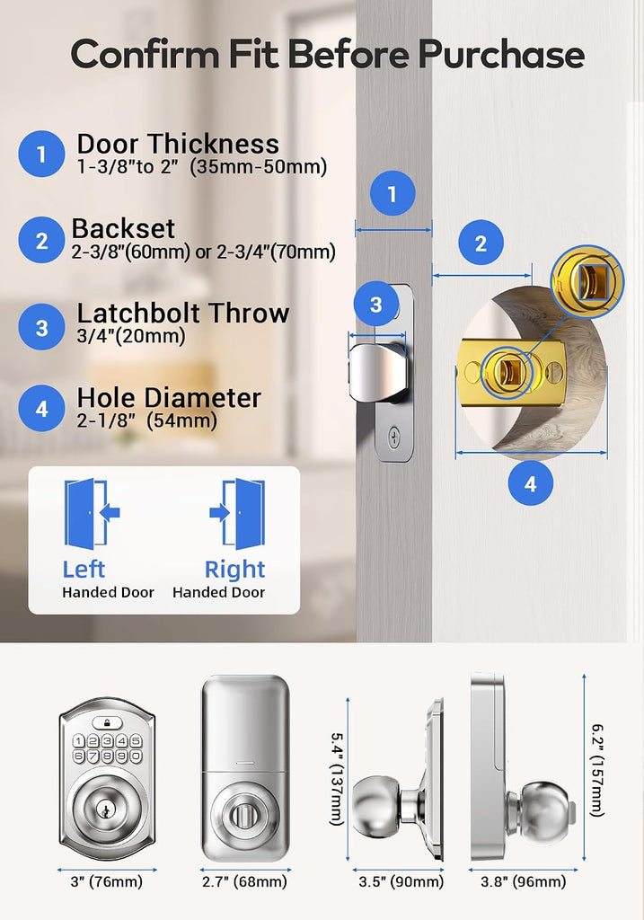 Keypad Door Knob Lock, Keyless Entry Door Handle, Satin Nickel