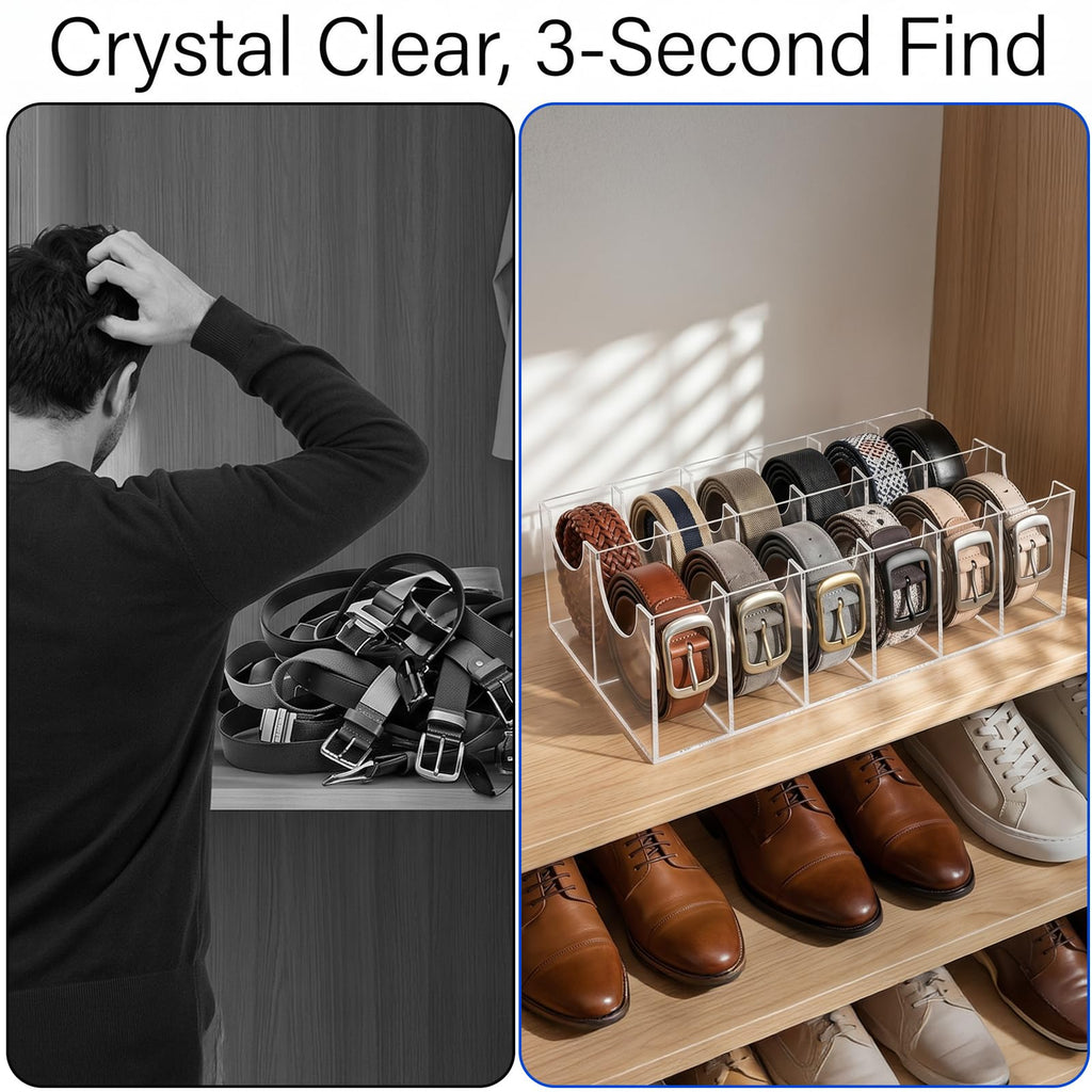 12 Compartments Belts Storage Box, Acrylic Belt Organizer, Belt Container Storage Holder Clear Belts Display Case for