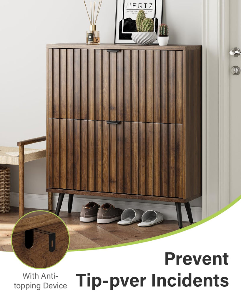 Shoe Storage Cabinet, Walnut Fluted Shoe Cabinet Storage, Hidden Shoe Cabinet with Metal Legs, Slim Entryway Shoe