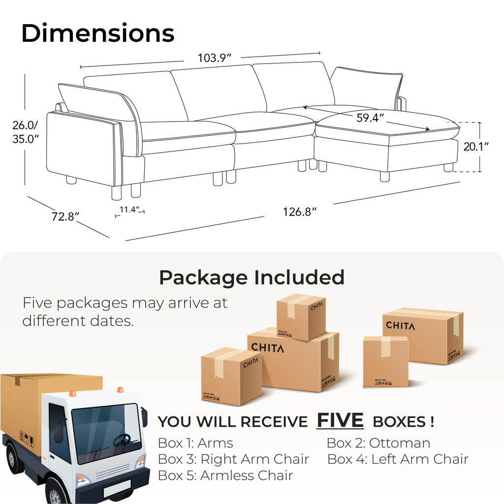 127" Leather Super Large Sectional Couches, Modular Sectional Sofa, Premium Genuine Leather Sofa, Down Filled, High