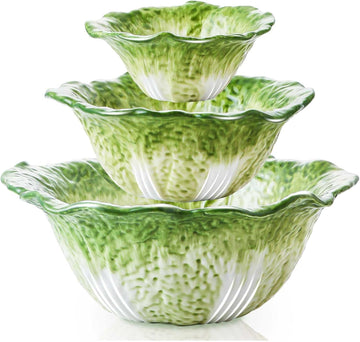 Green Cabbage Serving Bowl Set of 3 - Extra Large 60oz, 16oz, 5oz Nesting Mixing Bowls, Porcelain Dishes for Salad