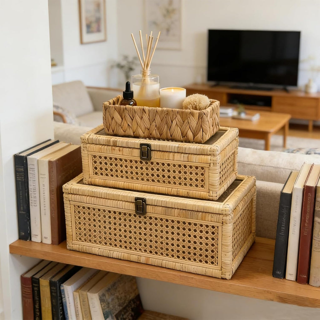 Decorative Box,Rattan Display Boxes with Lids-Rectangular Decorative Storage Box Set,Natural Woven Storage - Set of 3